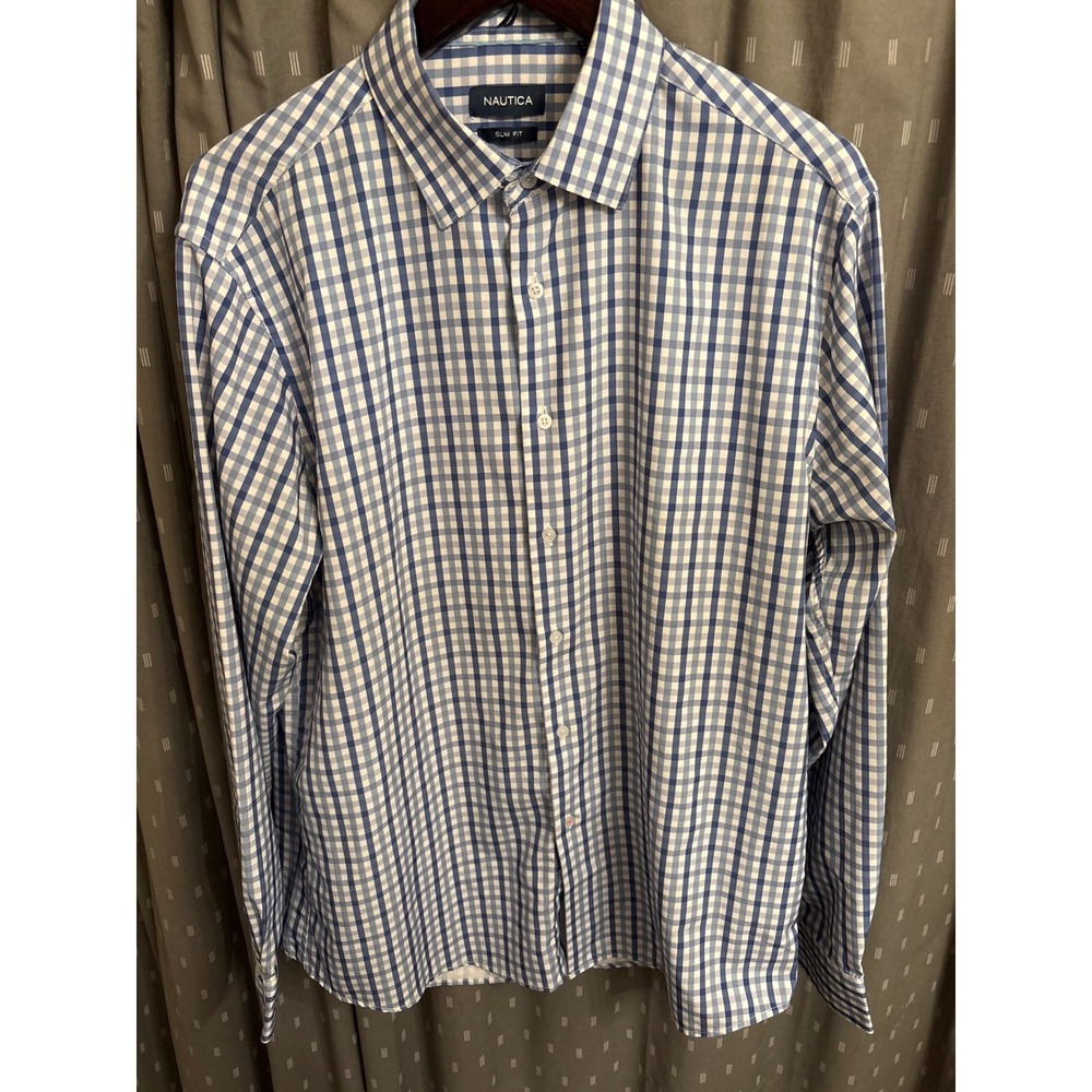 Nautica Mens Slim Fit Gingham Dress Shirt Blue White Stretch 16-161/2 34/35 LG